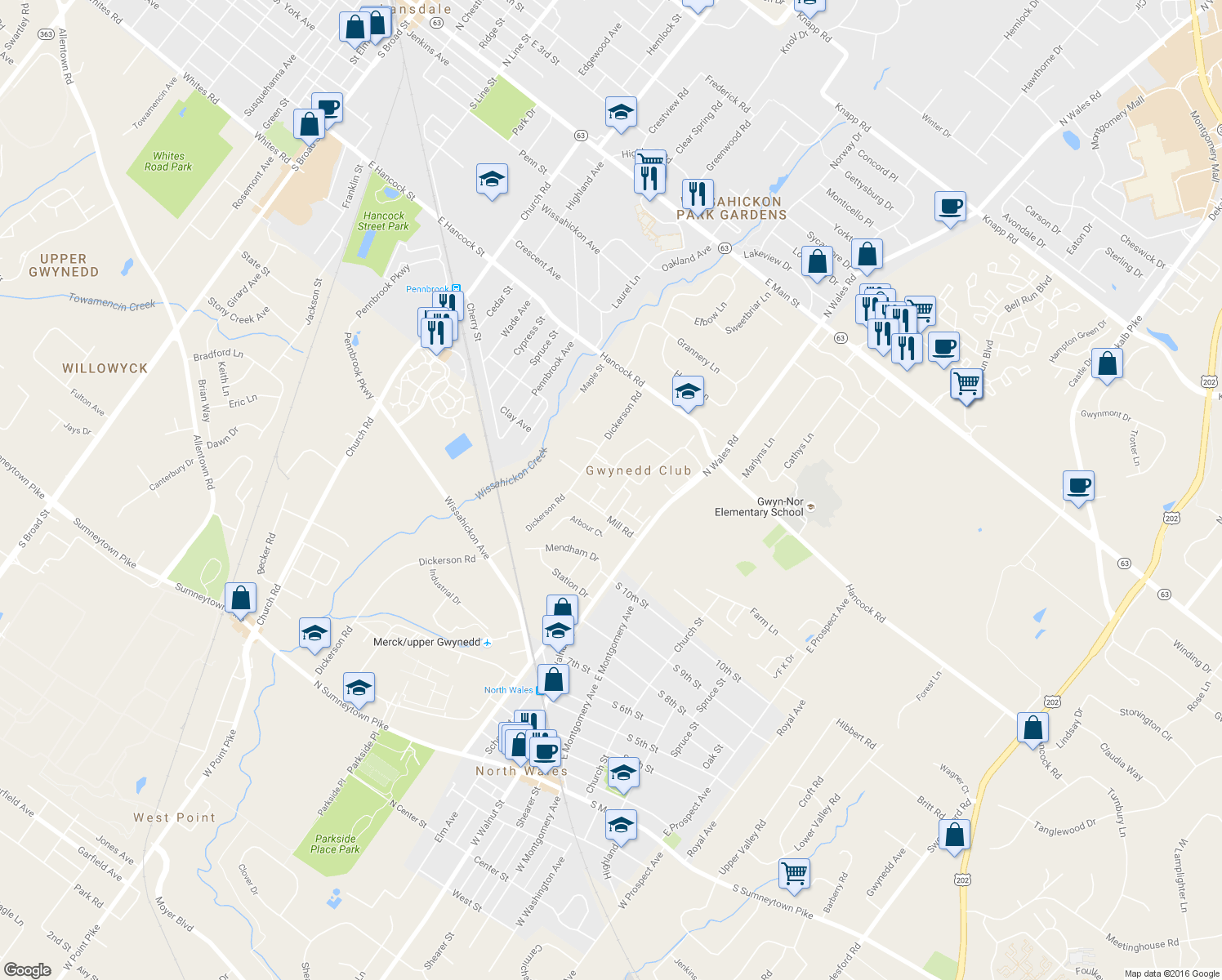 map of restaurants, bars, coffee shops, grocery stores, and more near 21 Kearney Dr in North Wales