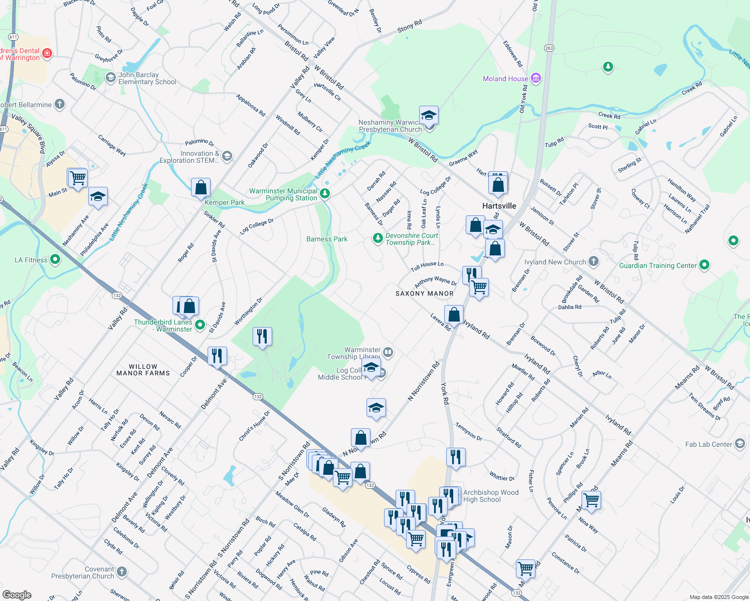 map of restaurants, bars, coffee shops, grocery stores, and more near 924 Lavera Road in Warminster