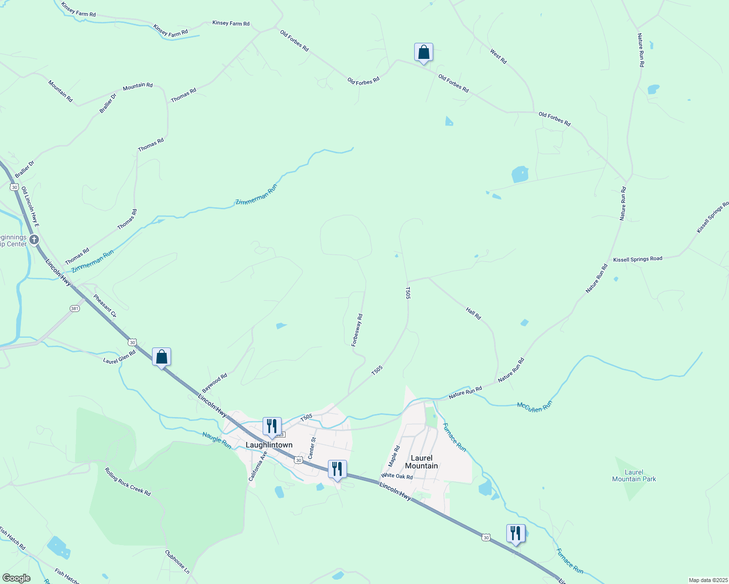 map of restaurants, bars, coffee shops, grocery stores, and more near 269 Forbesway Road in Ligonier