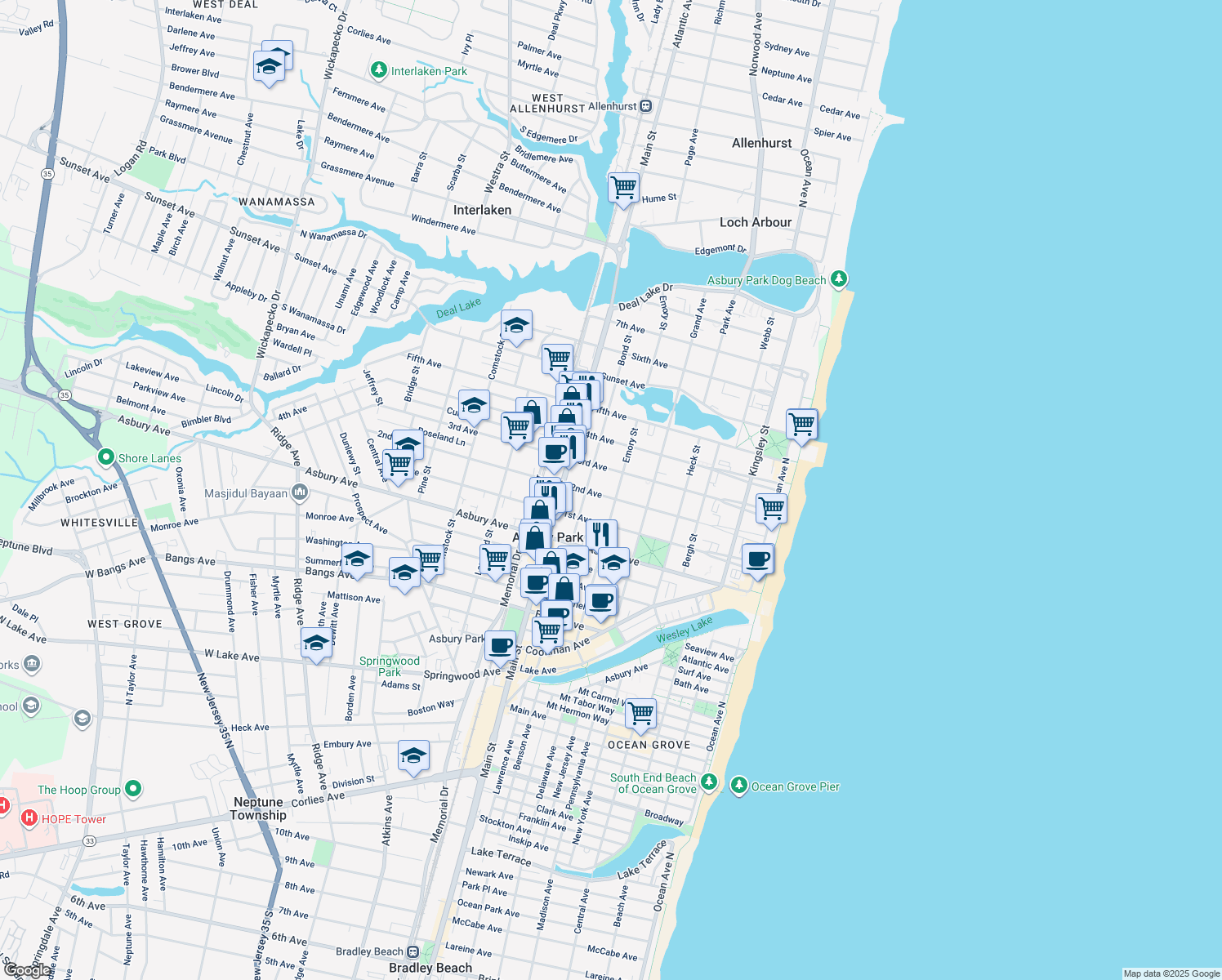 map of restaurants, bars, coffee shops, grocery stores, and more near 603 2nd Avenue in Asbury Park