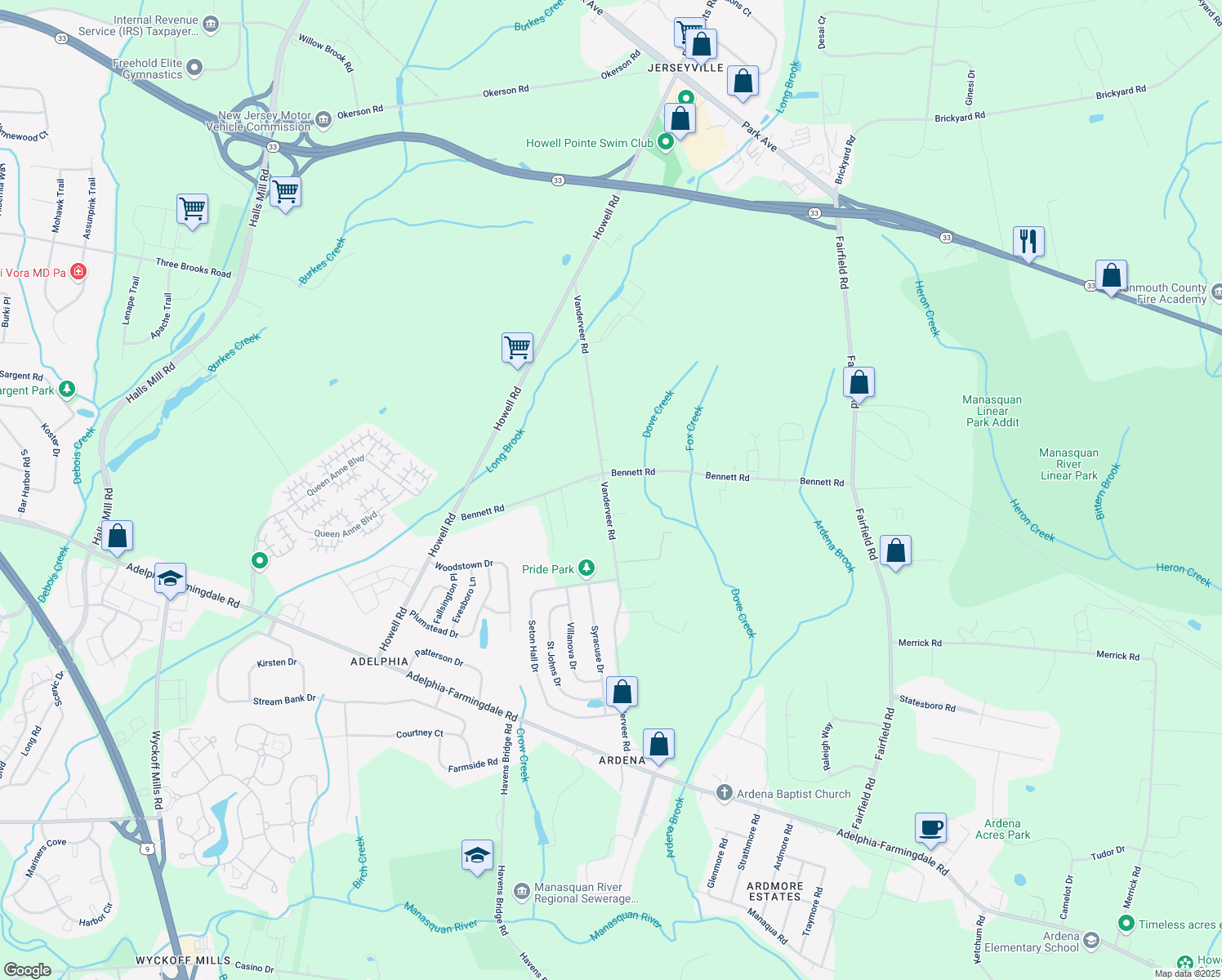 map of restaurants, bars, coffee shops, grocery stores, and more near 64 Vanderveer Rd in Freehold Township
