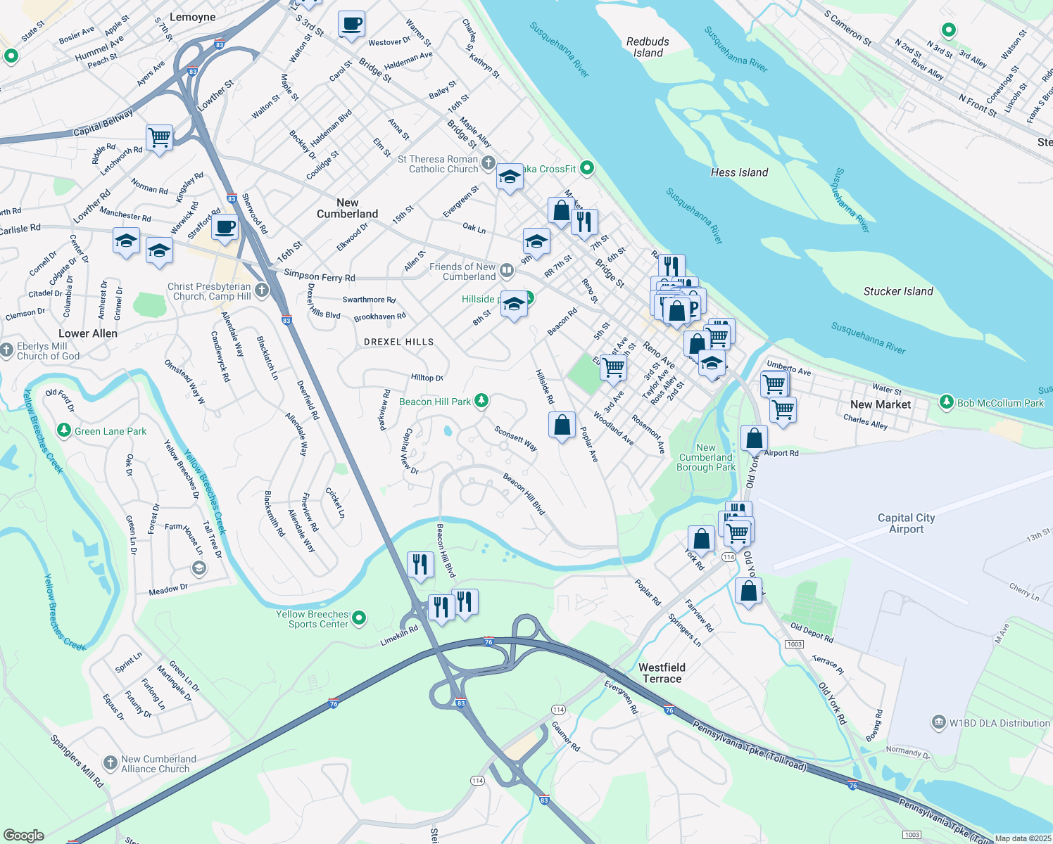 map of restaurants, bars, coffee shops, grocery stores, and more near 1654 Lowell Lane in New Cumberland
