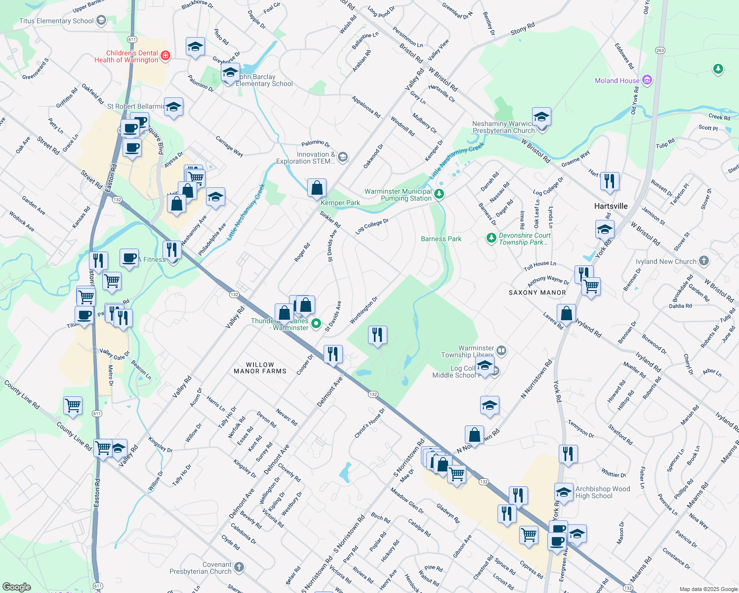map of restaurants, bars, coffee shops, grocery stores, and more near 779 Meadowood Lane in Warminster