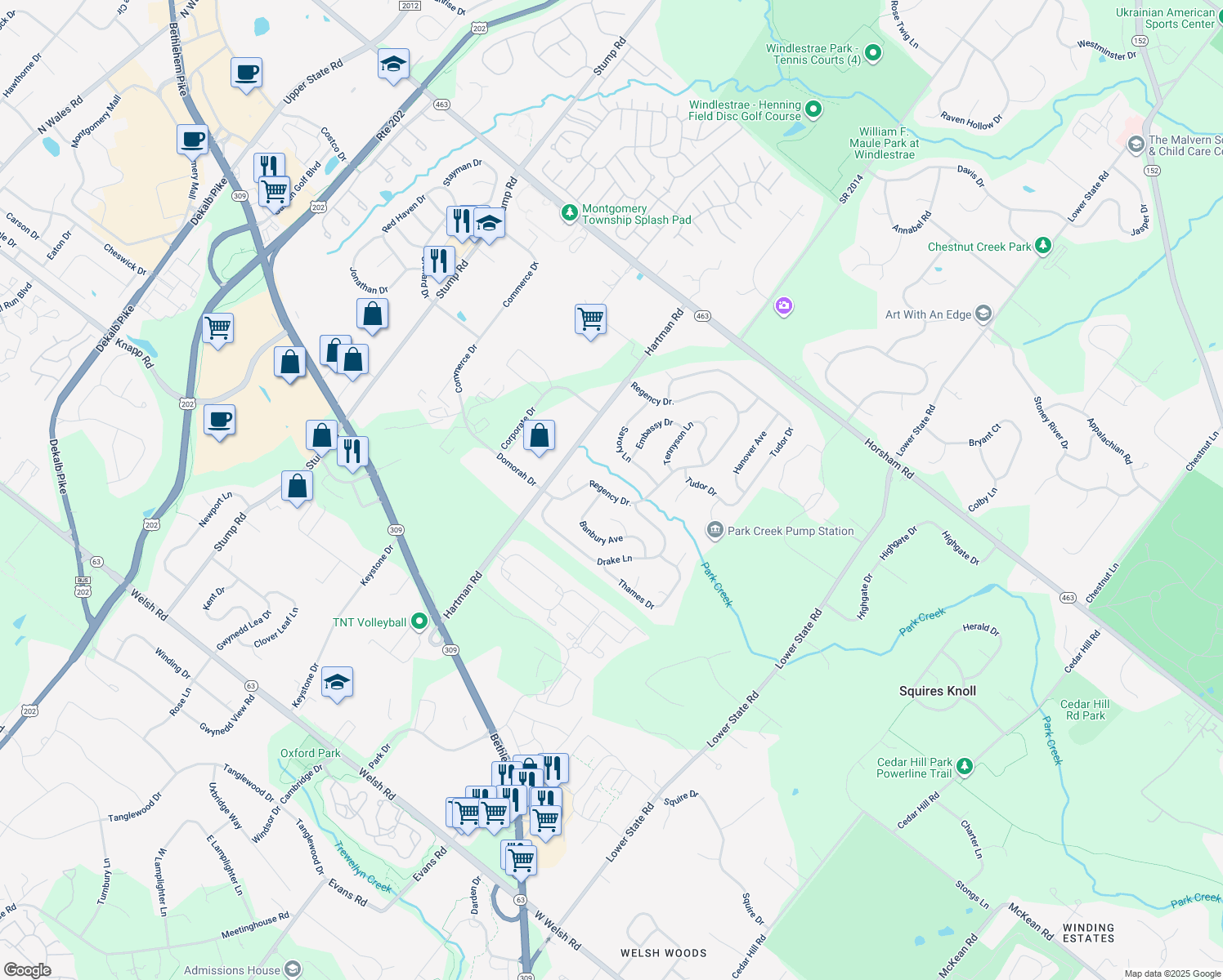 map of restaurants, bars, coffee shops, grocery stores, and more near 115 Regency Drive in North Wales