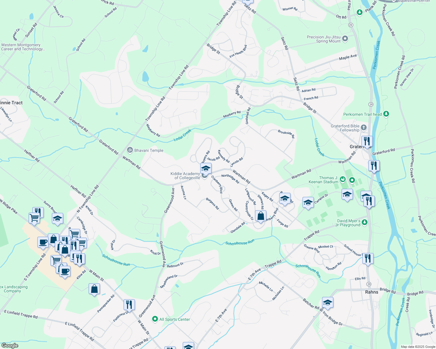 map of restaurants, bars, coffee shops, grocery stores, and more near 528 Northridge Road in Collegeville