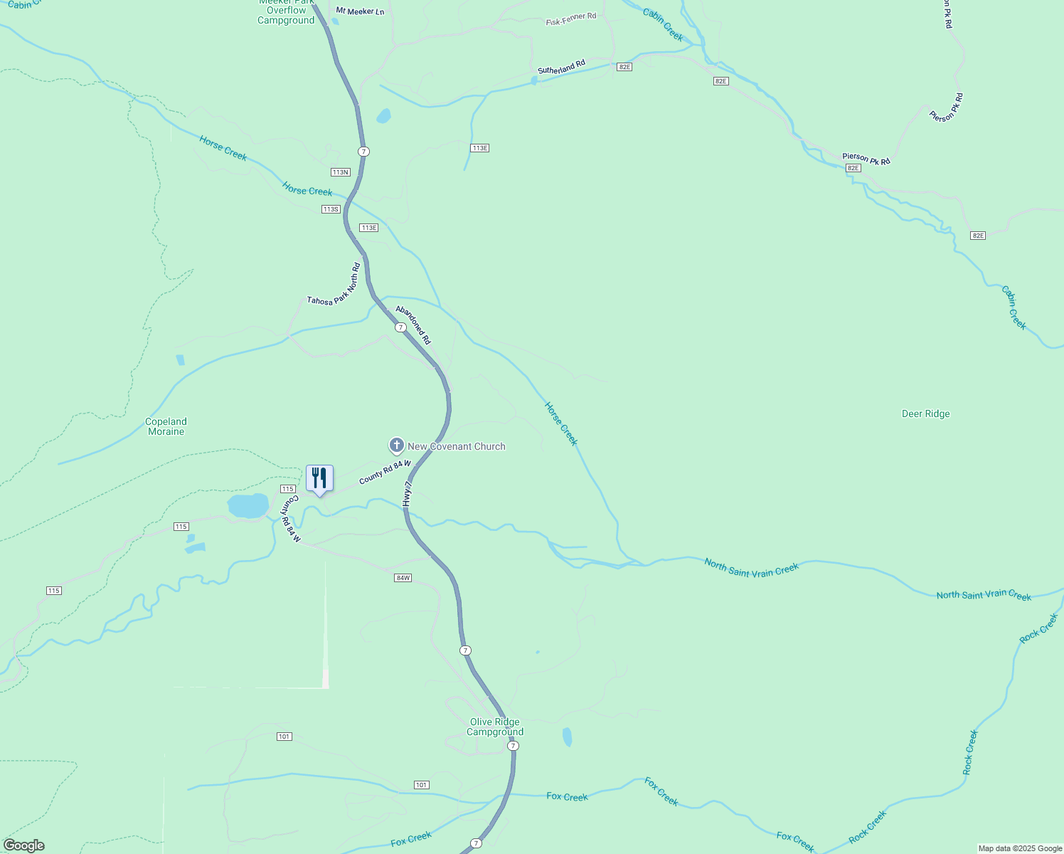 map of restaurants, bars, coffee shops, grocery stores, and more near 232 Tahosa Park South Road in Allenspark
