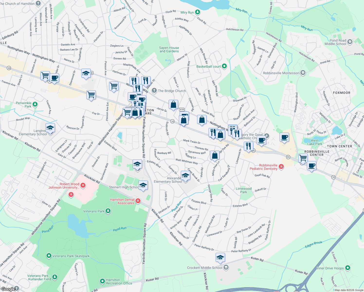 map of restaurants, bars, coffee shops, grocery stores, and more near 71 Mark Twain Drive in Hamilton Township