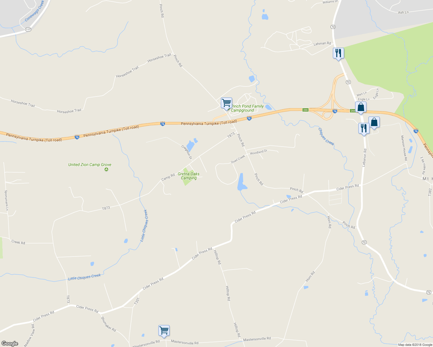 map of restaurants, bars, coffee shops, grocery stores, and more near 615 Quail Creek in Manheim