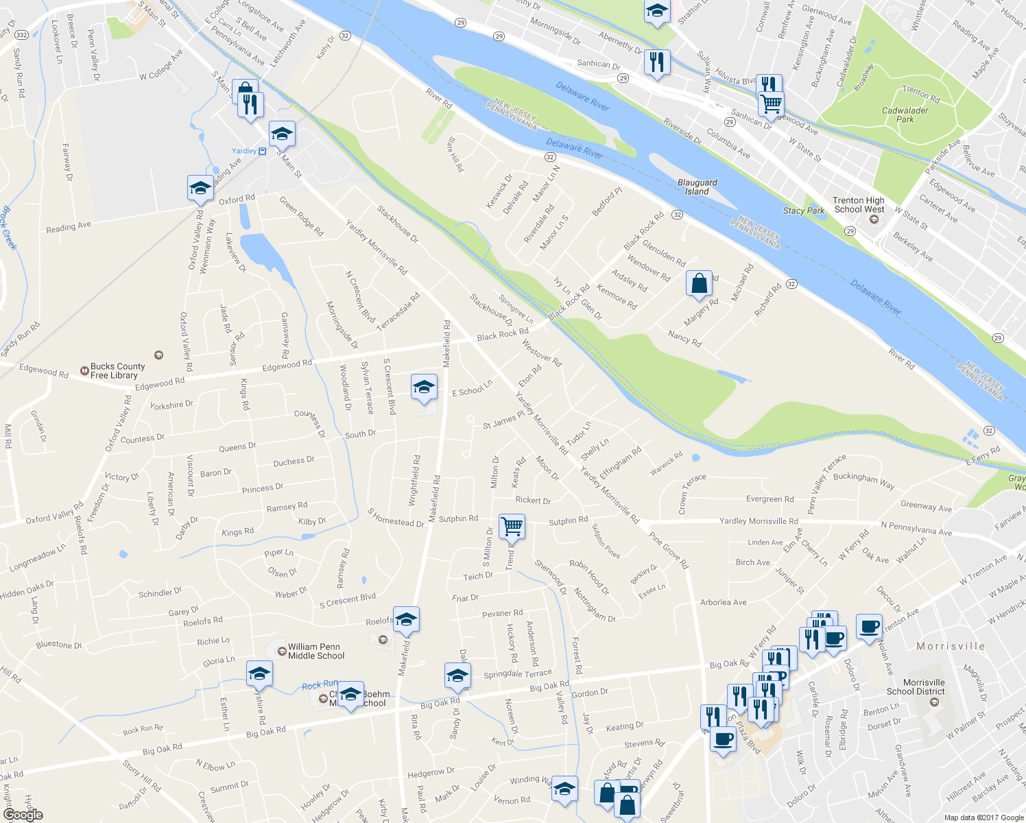 map of restaurants, bars, coffee shops, grocery stores, and more near 4 Saint James Place in Yardley