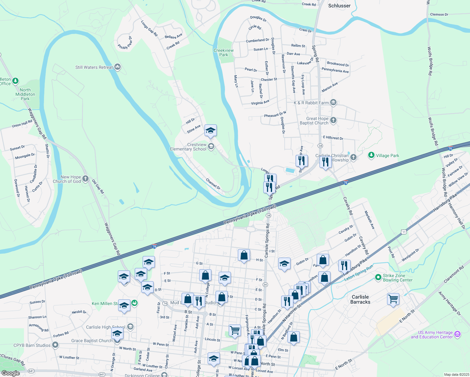 map of restaurants, bars, coffee shops, grocery stores, and more near 21 Channel Drive in Carlisle