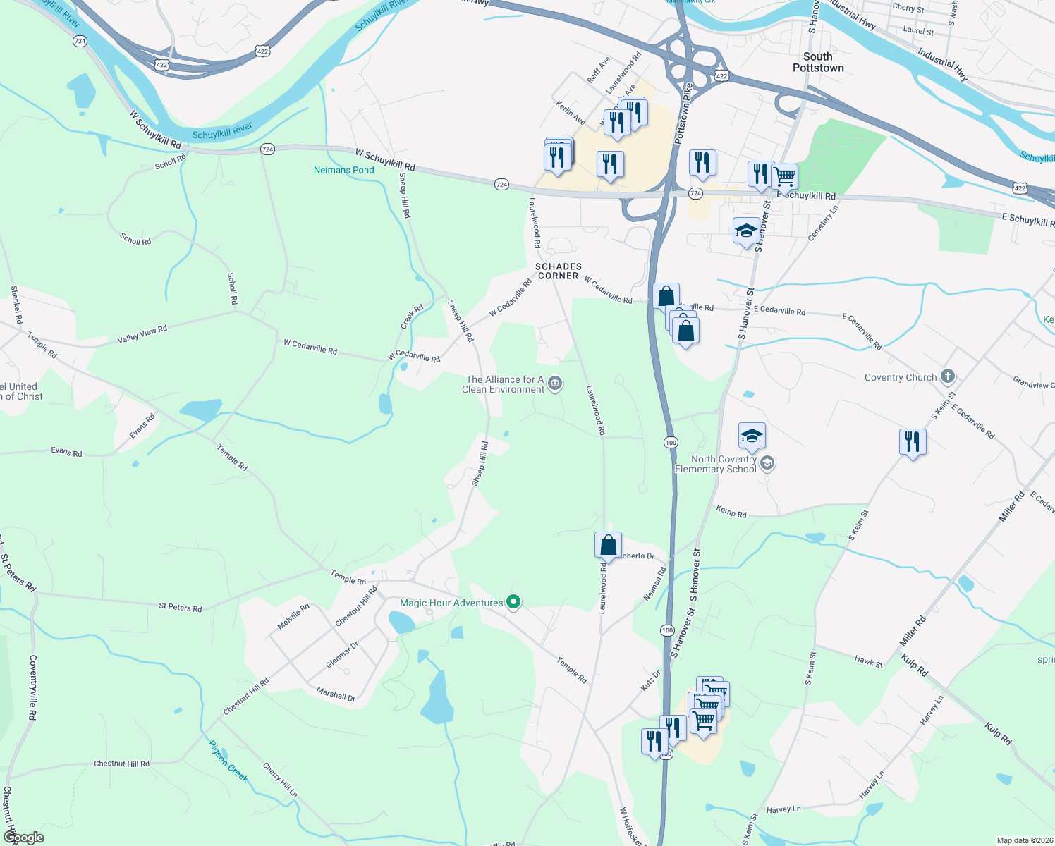 map of restaurants, bars, coffee shops, grocery stores, and more near 860 Hunters Run Road in Pottstown
