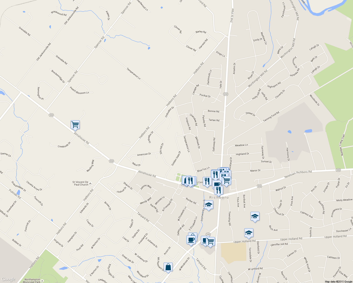 map of restaurants, bars, coffee shops, grocery stores, and more near 521 Golden Gate Drive in Richboro