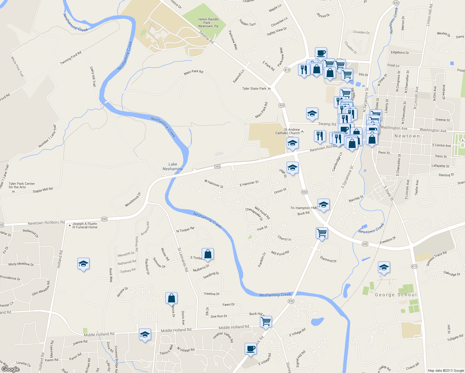 map of restaurants, bars, coffee shops, grocery stores, and more near 3 Beech Street in Newtown
