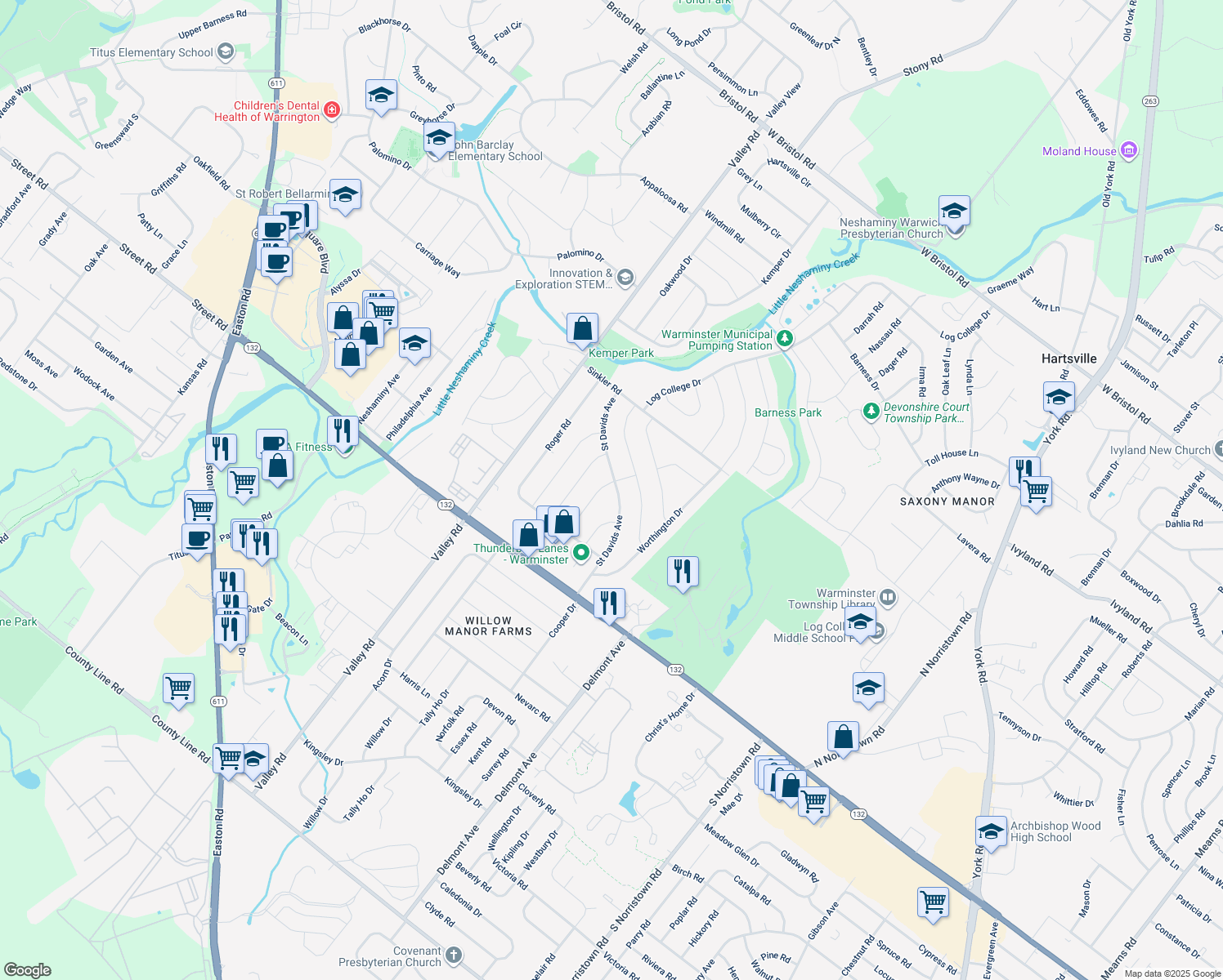 map of restaurants, bars, coffee shops, grocery stores, and more near 762 Saint Davids Avenue in Warminster