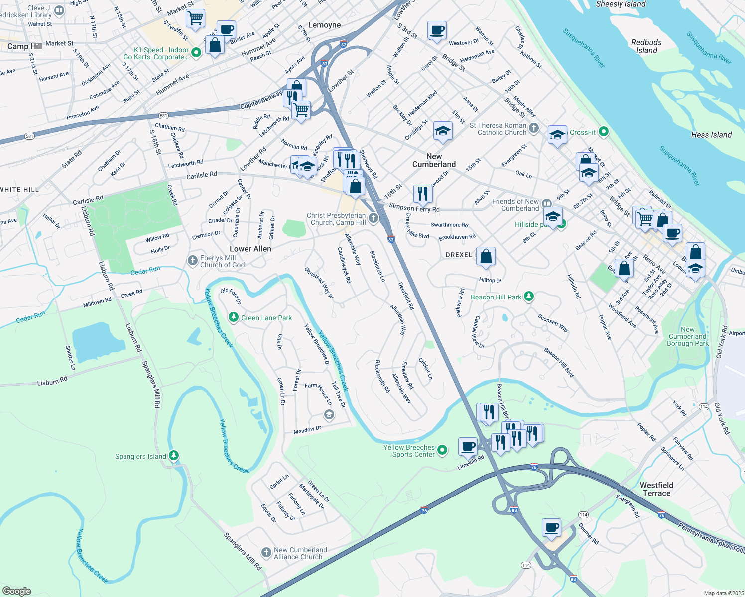 map of restaurants, bars, coffee shops, grocery stores, and more near 404 Allendale Way in Camp Hill
