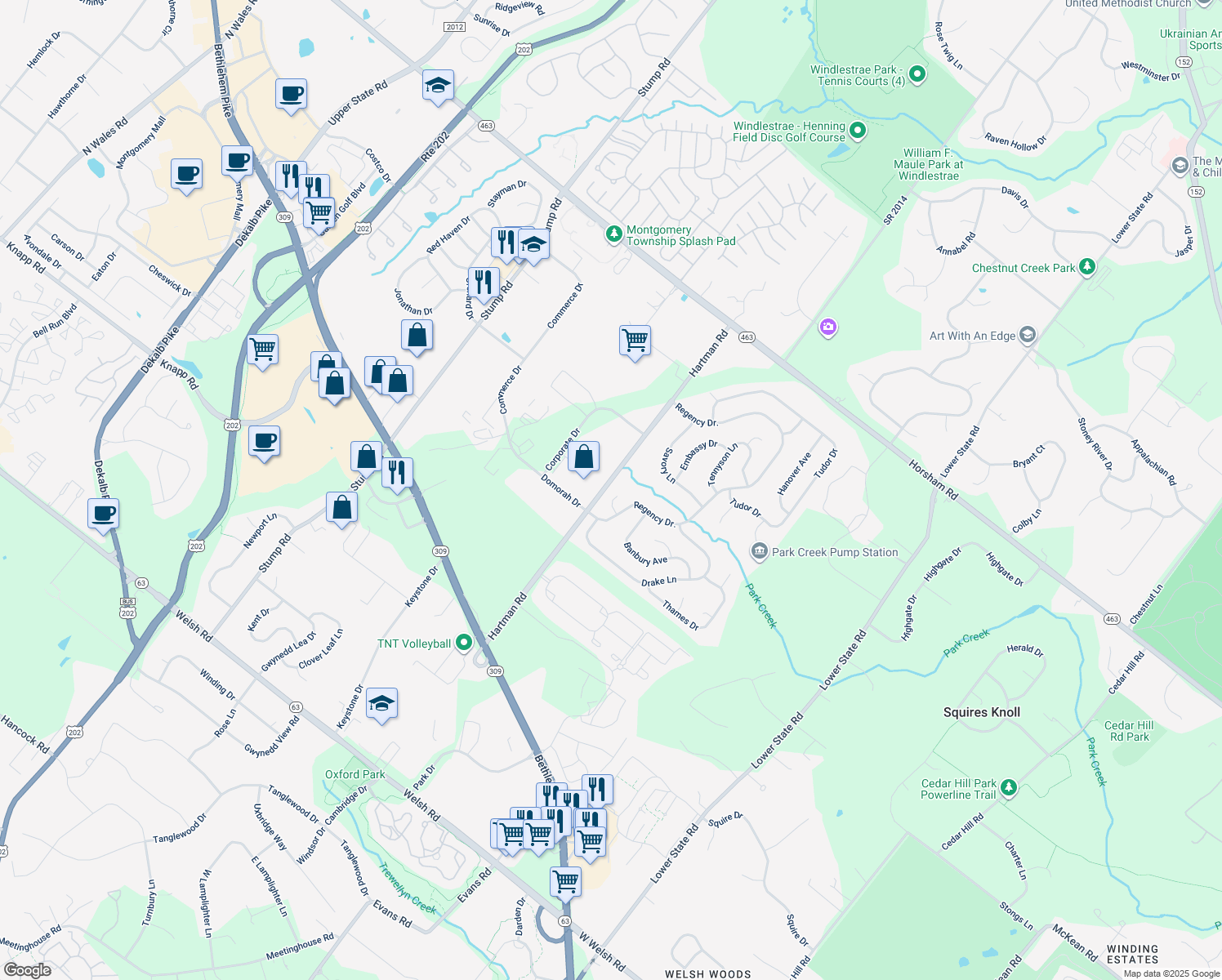 map of restaurants, bars, coffee shops, grocery stores, and more near 107 Citadel Court in North Wales