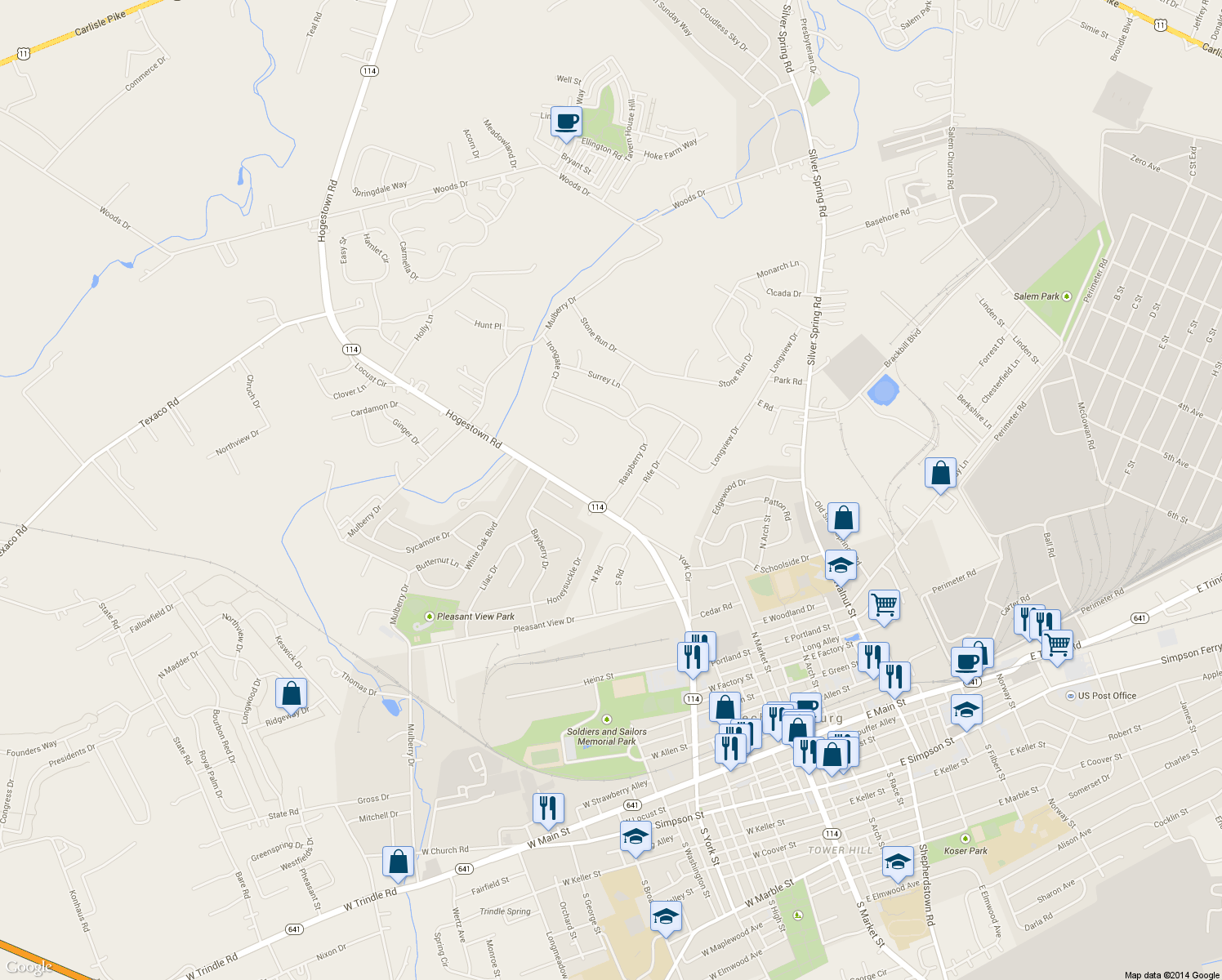 map of restaurants, bars, coffee shops, grocery stores, and more near 4 Raspberry Drive in Mechanicsburg