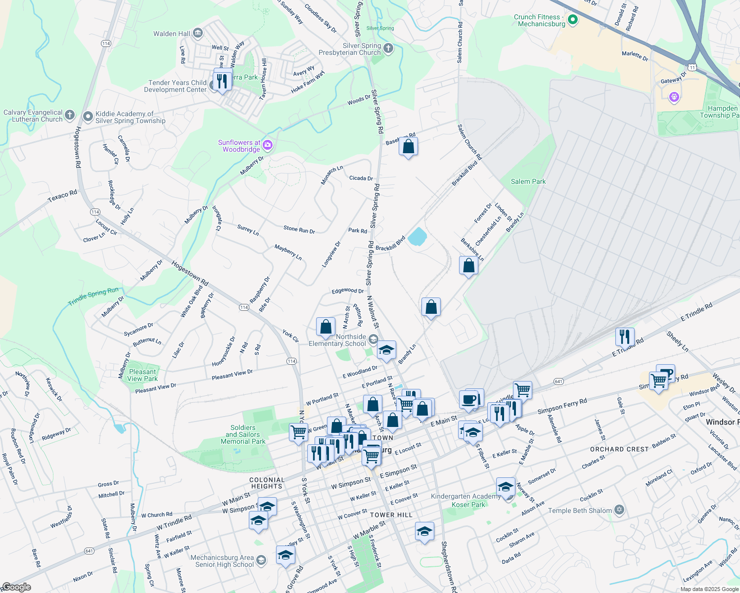 map of restaurants, bars, coffee shops, grocery stores, and more near 913 Old Silver Springs Road in Mechanicsburg