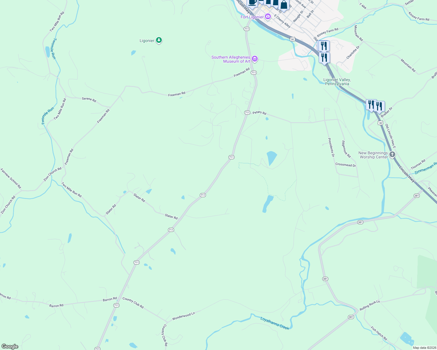 map of restaurants, bars, coffee shops, grocery stores, and more near 3035 Highway 711 in Ligonier