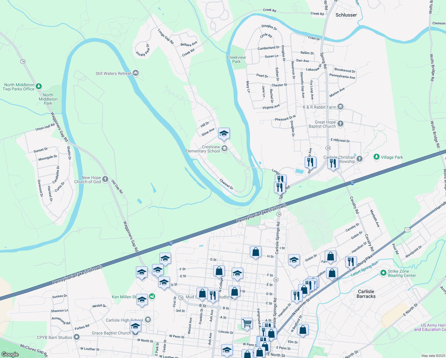 map of restaurants, bars, coffee shops, grocery stores, and more near 80 Channel Dr in Carlisle