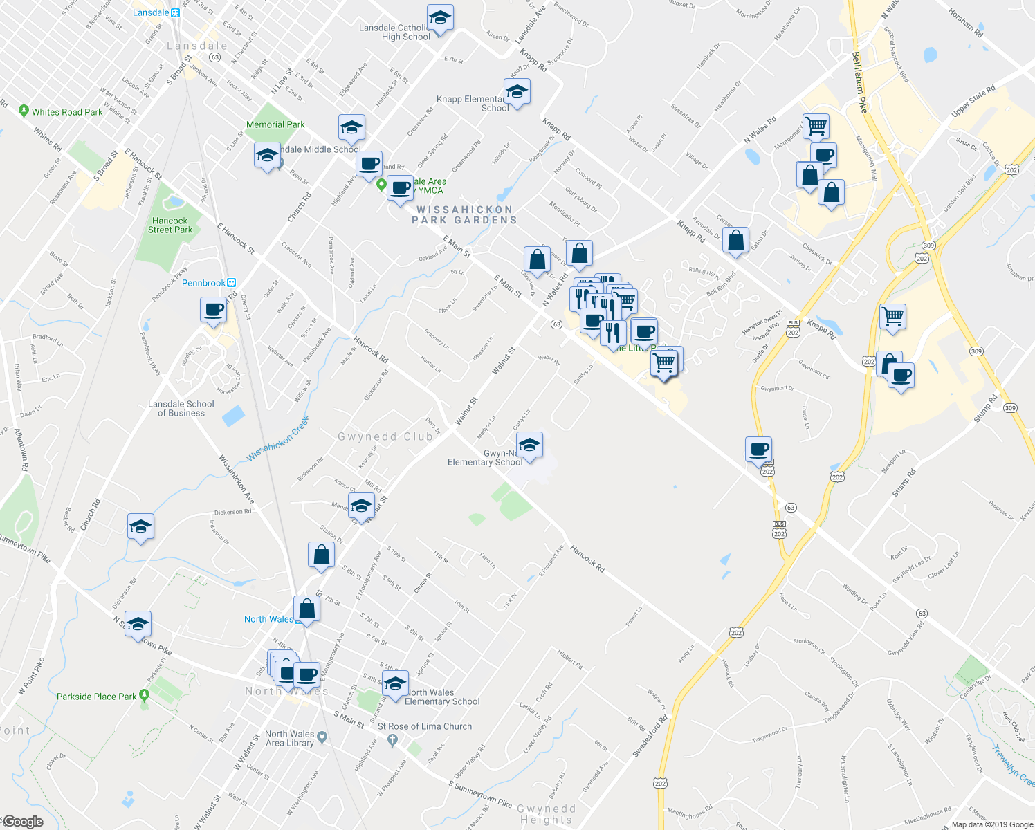 map of restaurants, bars, coffee shops, grocery stores, and more near 1433 Cathys Lane in North Wales