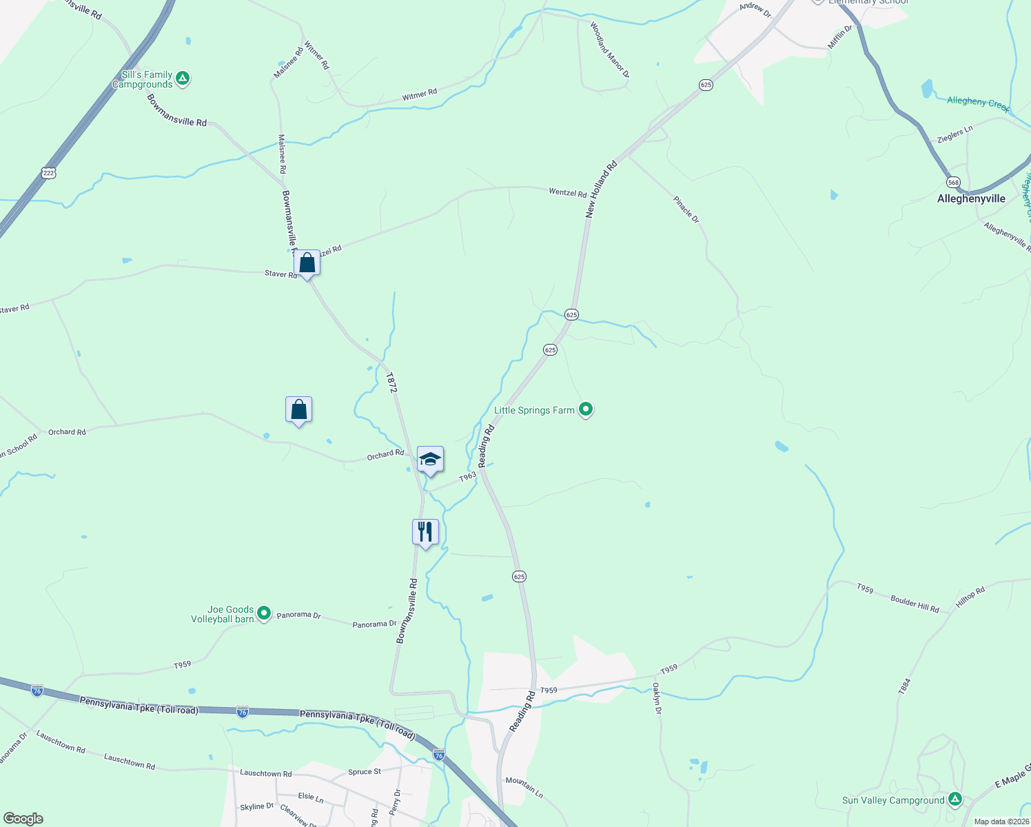 map of restaurants, bars, coffee shops, grocery stores, and more near 1648 Reading Rd in Mohnton