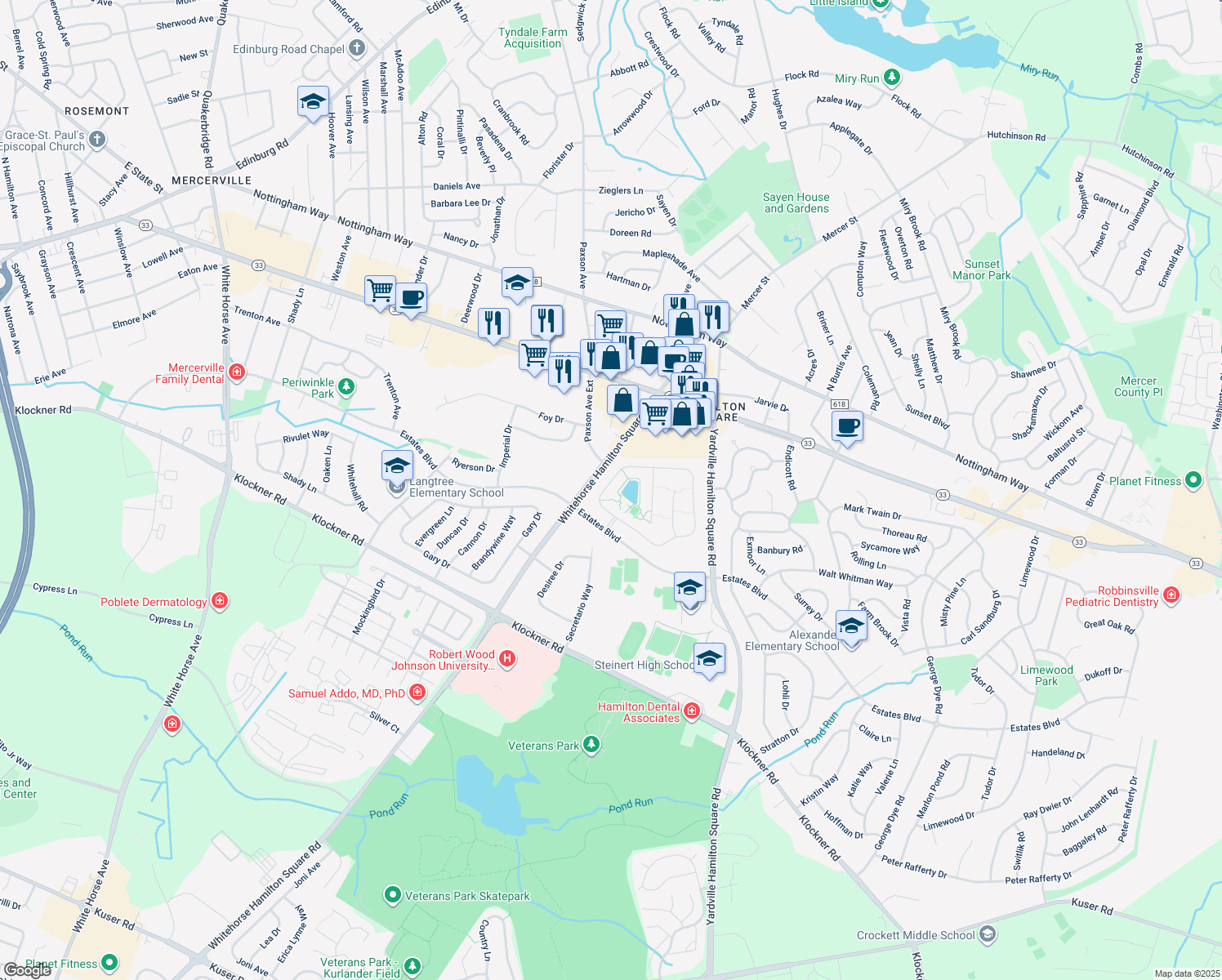 map of restaurants, bars, coffee shops, grocery stores, and more near 36 Sparrow Drive in Hamilton Township
