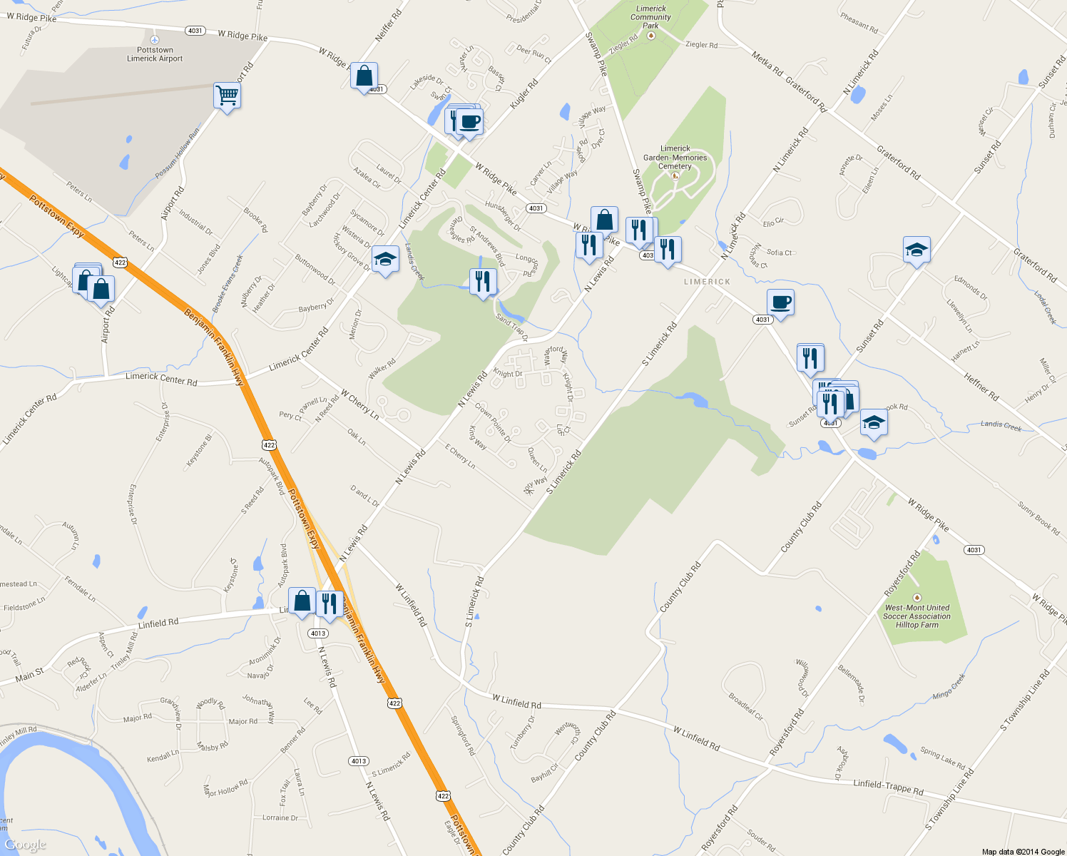 map of restaurants, bars, coffee shops, grocery stores, and more near 1207 Duchess Court in Royersford