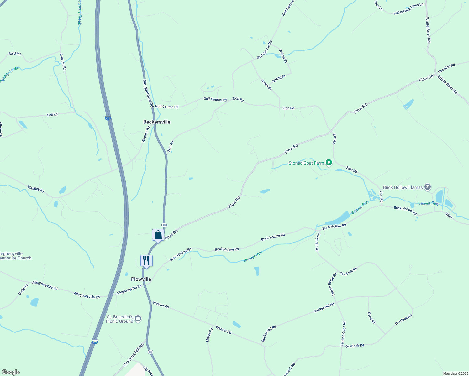 map of restaurants, bars, coffee shops, grocery stores, and more near 3244 Plow Road in Mohnton