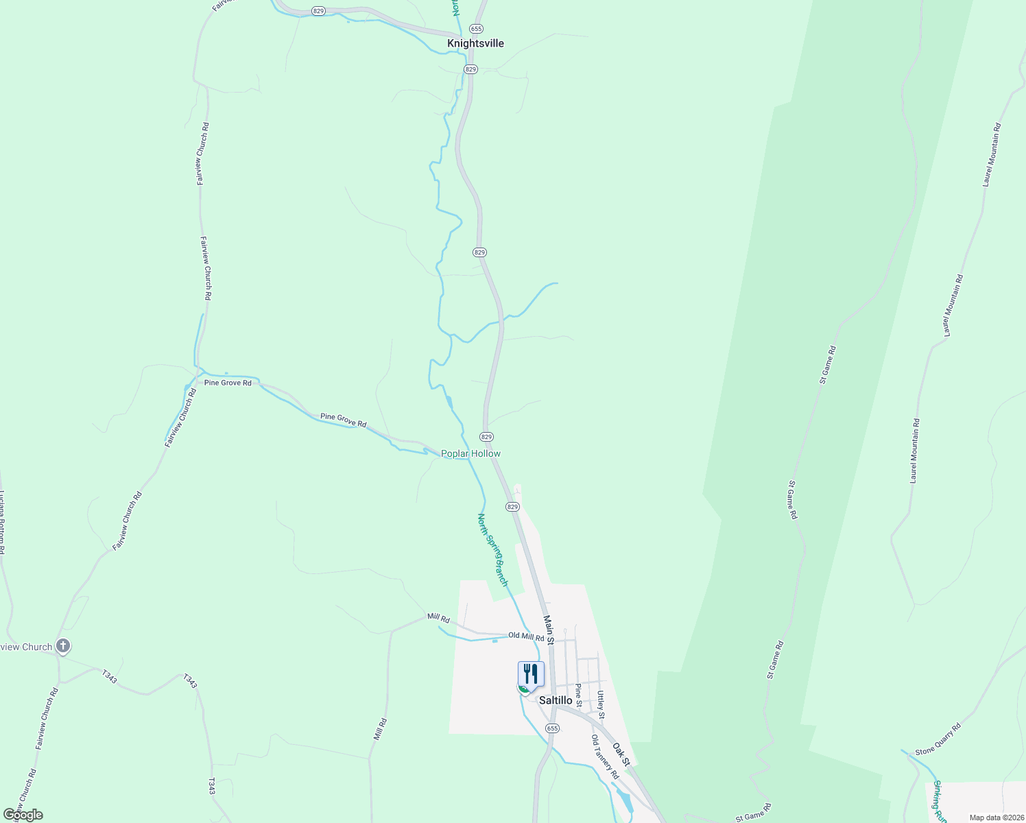 map of restaurants, bars, coffee shops, grocery stores, and more near Little Spring Lane in Huntingdon County