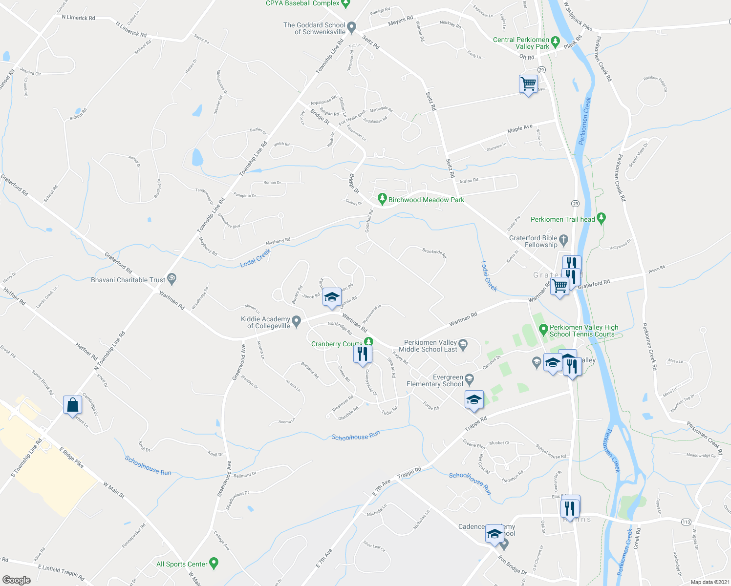 map of restaurants, bars, coffee shops, grocery stores, and more near 118 Lincoln Road in Collegeville