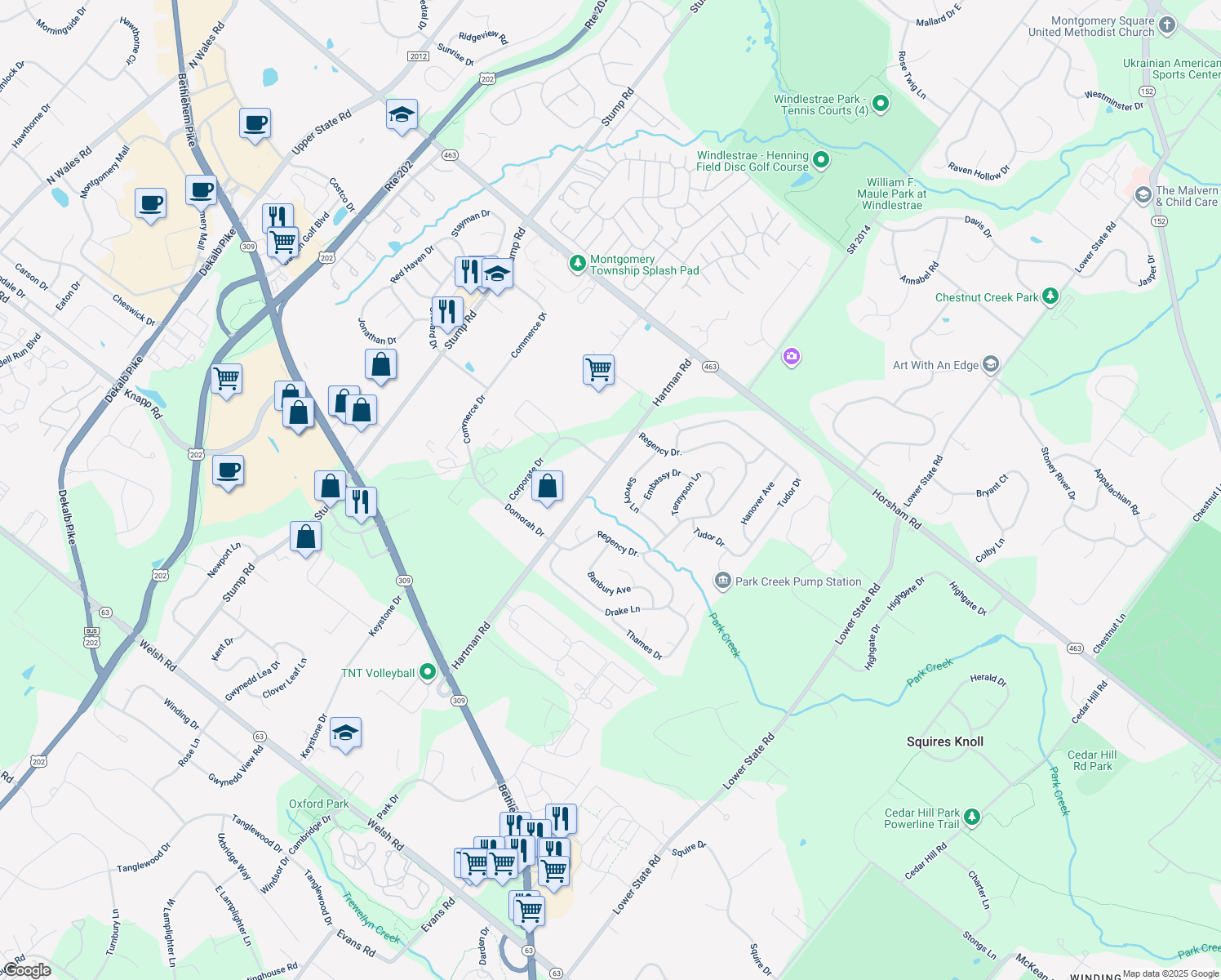 map of restaurants, bars, coffee shops, grocery stores, and more near 117 Savory Lane in North Wales