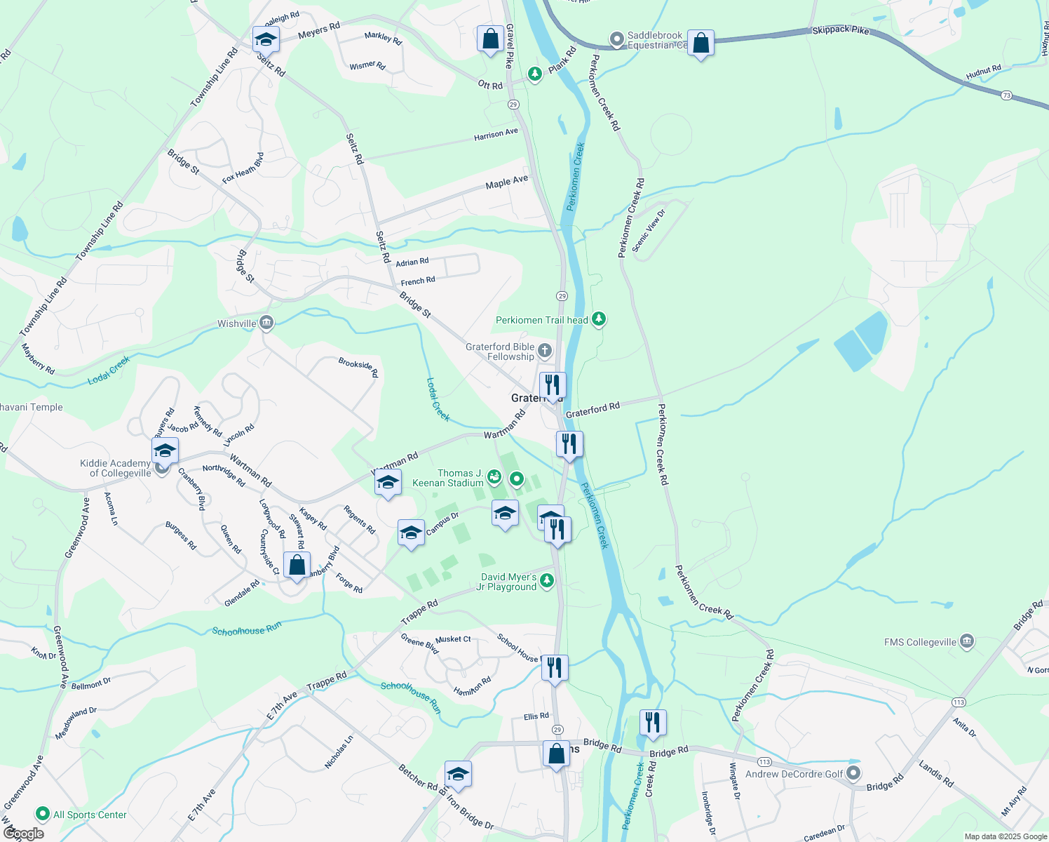 map of restaurants, bars, coffee shops, grocery stores, and more near 13 Wartman Road in Collegeville