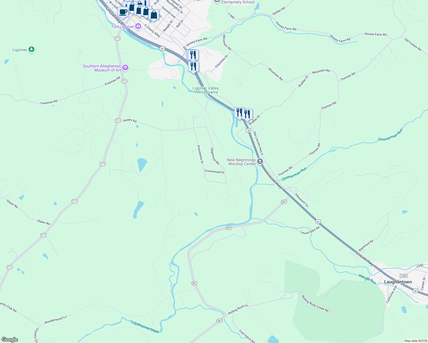 map of restaurants, bars, coffee shops, grocery stores, and more near 129 Crossmead Drive in Ligonier