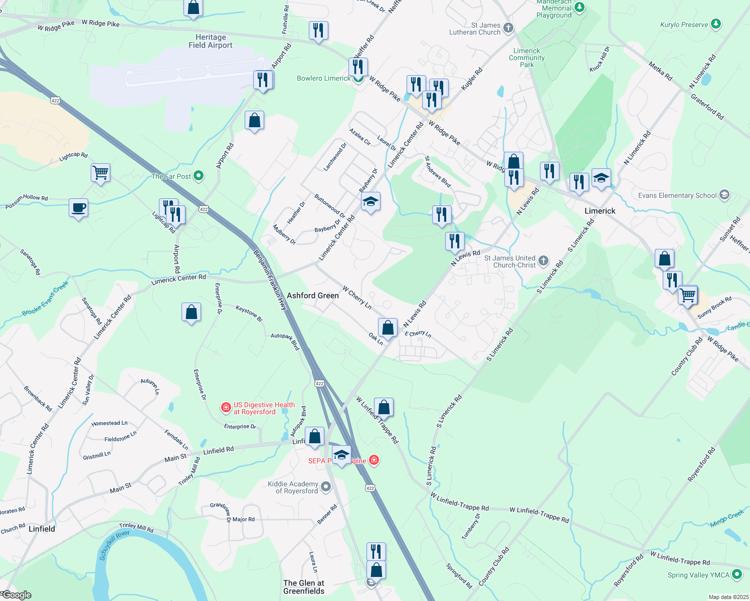 map of restaurants, bars, coffee shops, grocery stores, and more near 201 Troon Court in Limerick