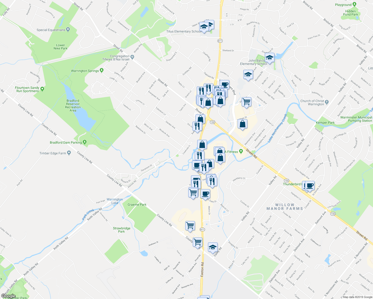 map of restaurants, bars, coffee shops, grocery stores, and more near 2001 Creekside Court in Warrington