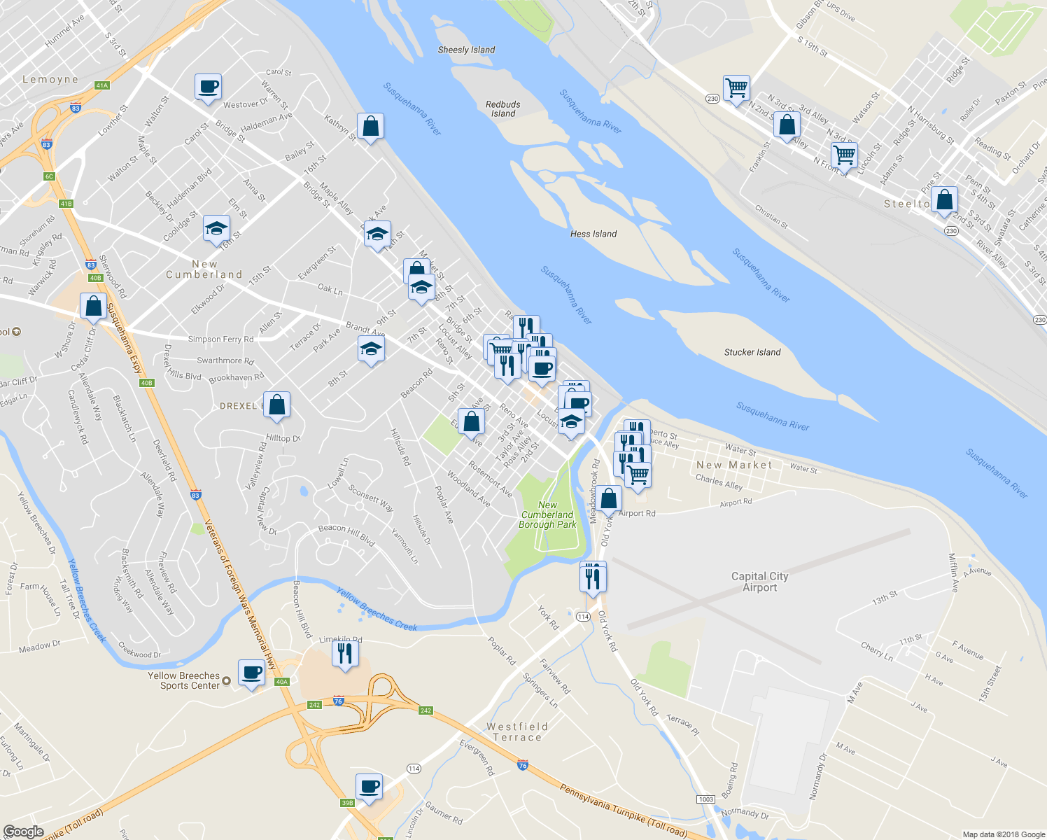 map of restaurants, bars, coffee shops, grocery stores, and more near 336 3rd Street in New Cumberland
