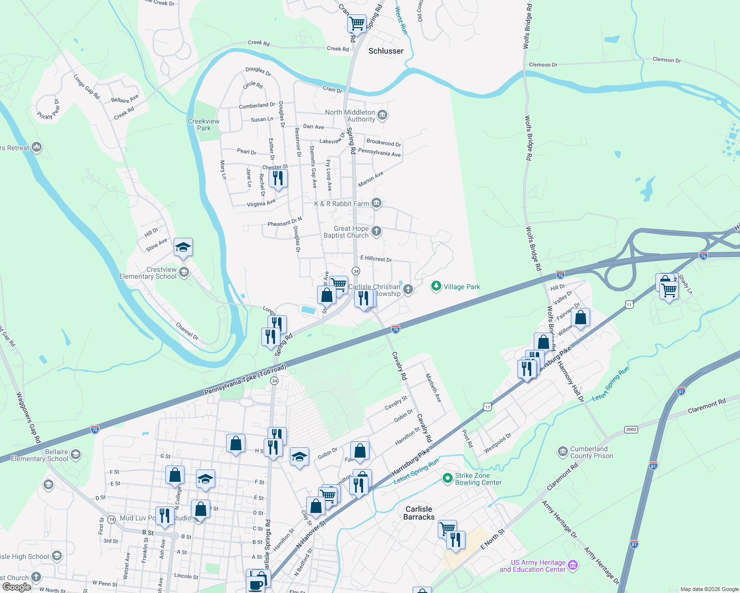 map of restaurants, bars, coffee shops, grocery stores, and more near 1810 Basin Hill Boulevard in Carlisle