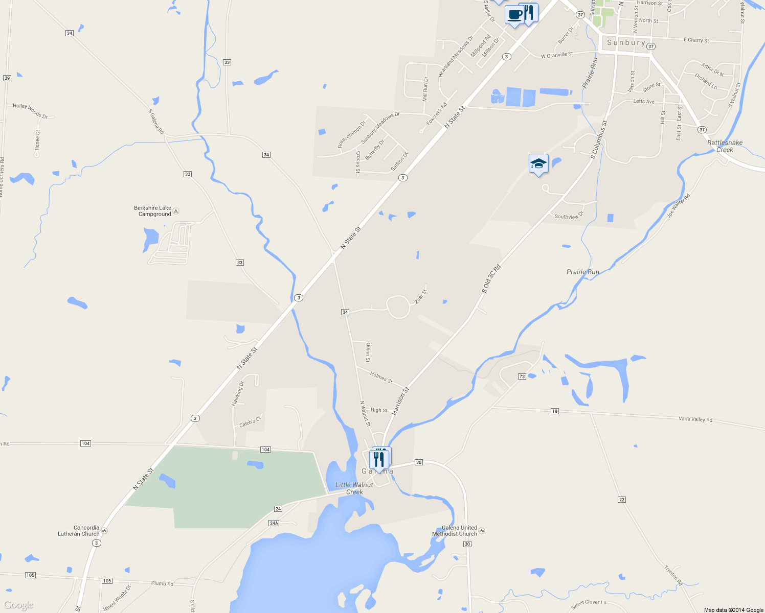 map of restaurants, bars, coffee shops, grocery stores, and more near 121 Heathermere Drive in Galena