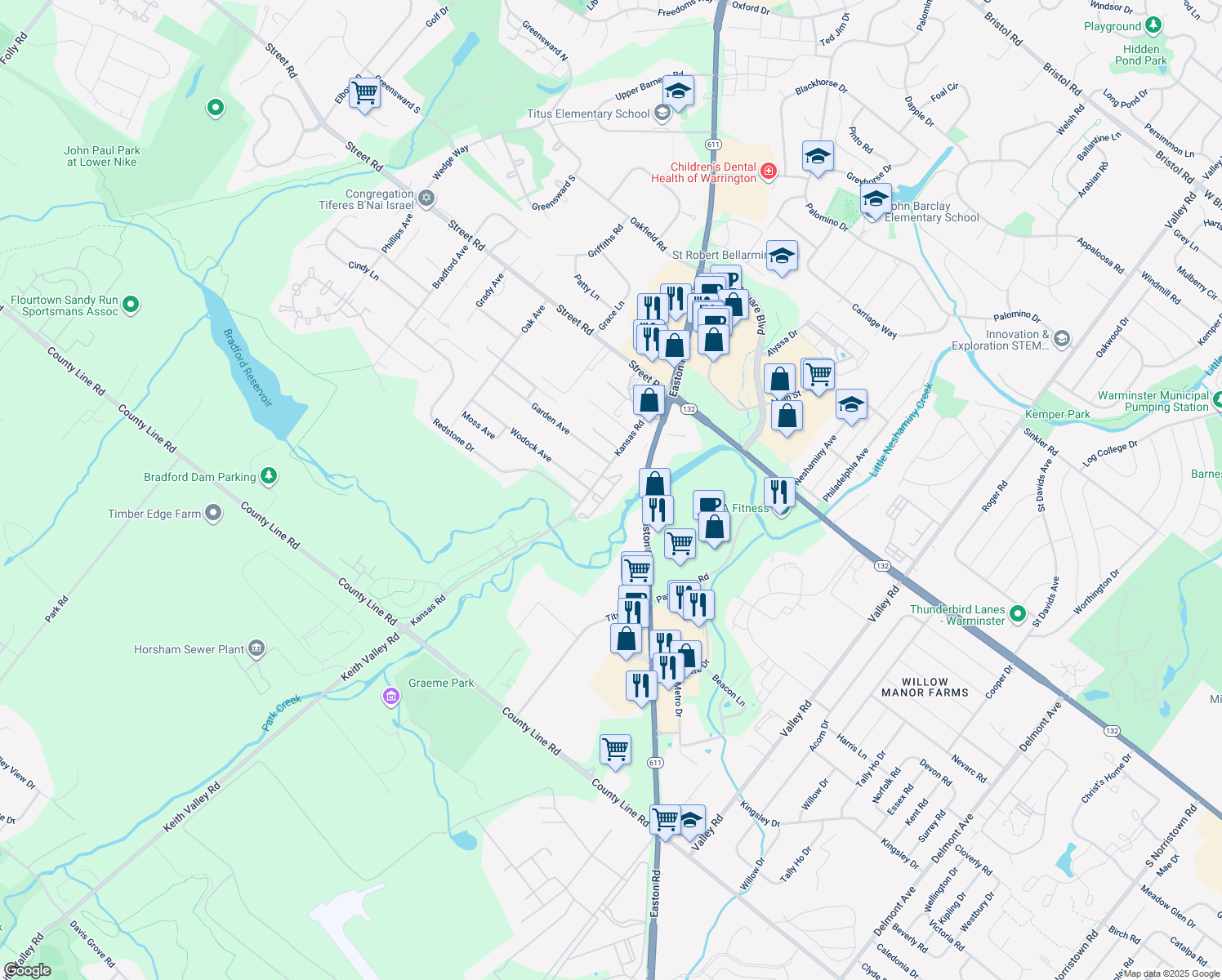 map of restaurants, bars, coffee shops, grocery stores, and more near 4019 Creekside Court in Warrington