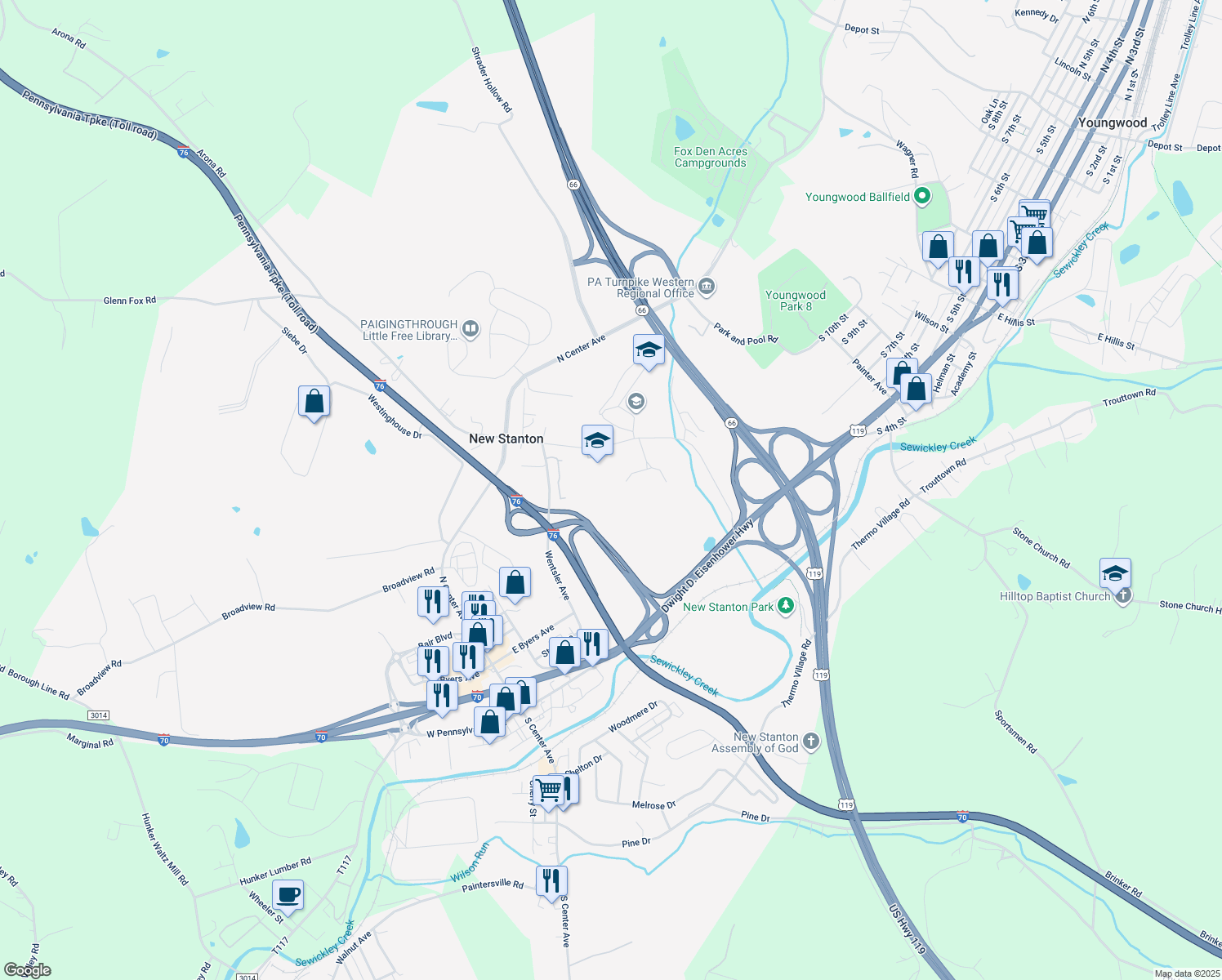 map of restaurants, bars, coffee shops, grocery stores, and more near 255 Arona Road in New Stanton