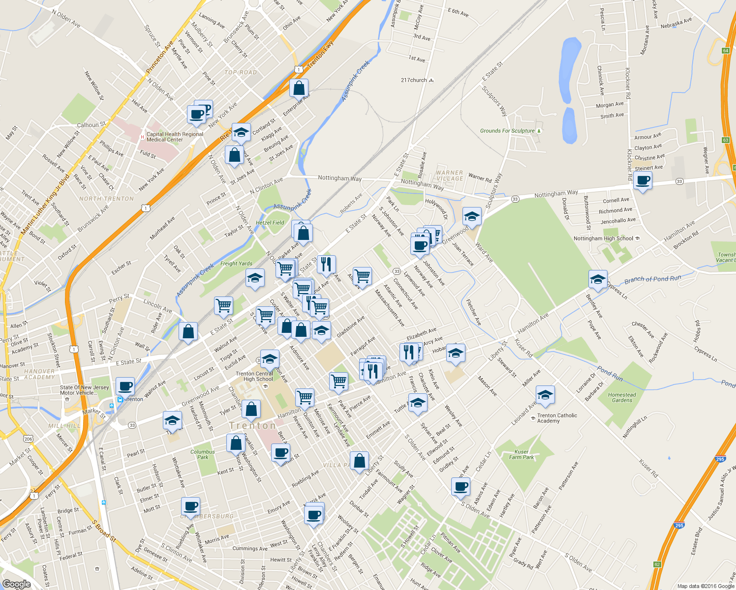 map of restaurants, bars, coffee shops, grocery stores, and more near 1601 Greenwood Ave in Trenton