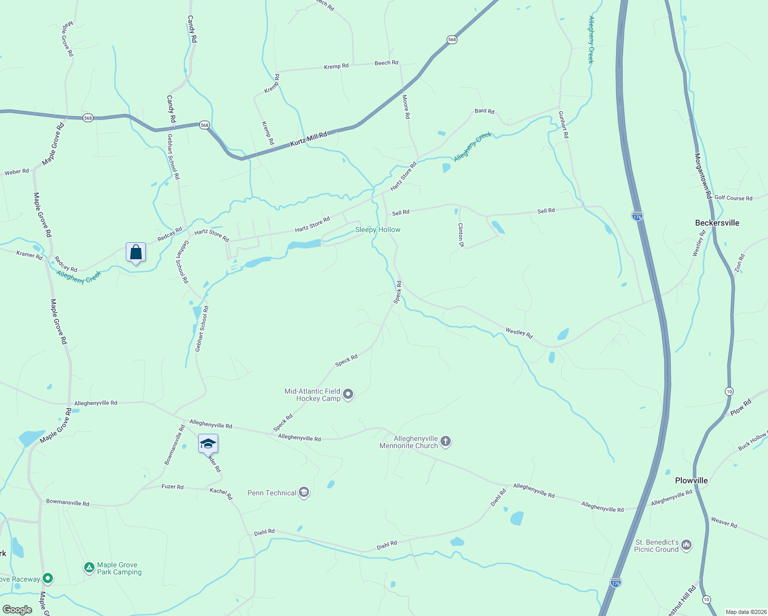 map of restaurants, bars, coffee shops, grocery stores, and more near 34 Speck Road in Mohnton