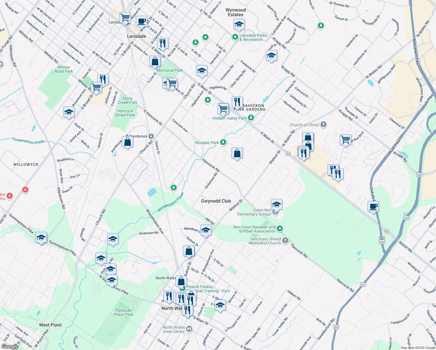 map of restaurants, bars, coffee shops, grocery stores, and more near 1237 Dickerson Road in North Wales