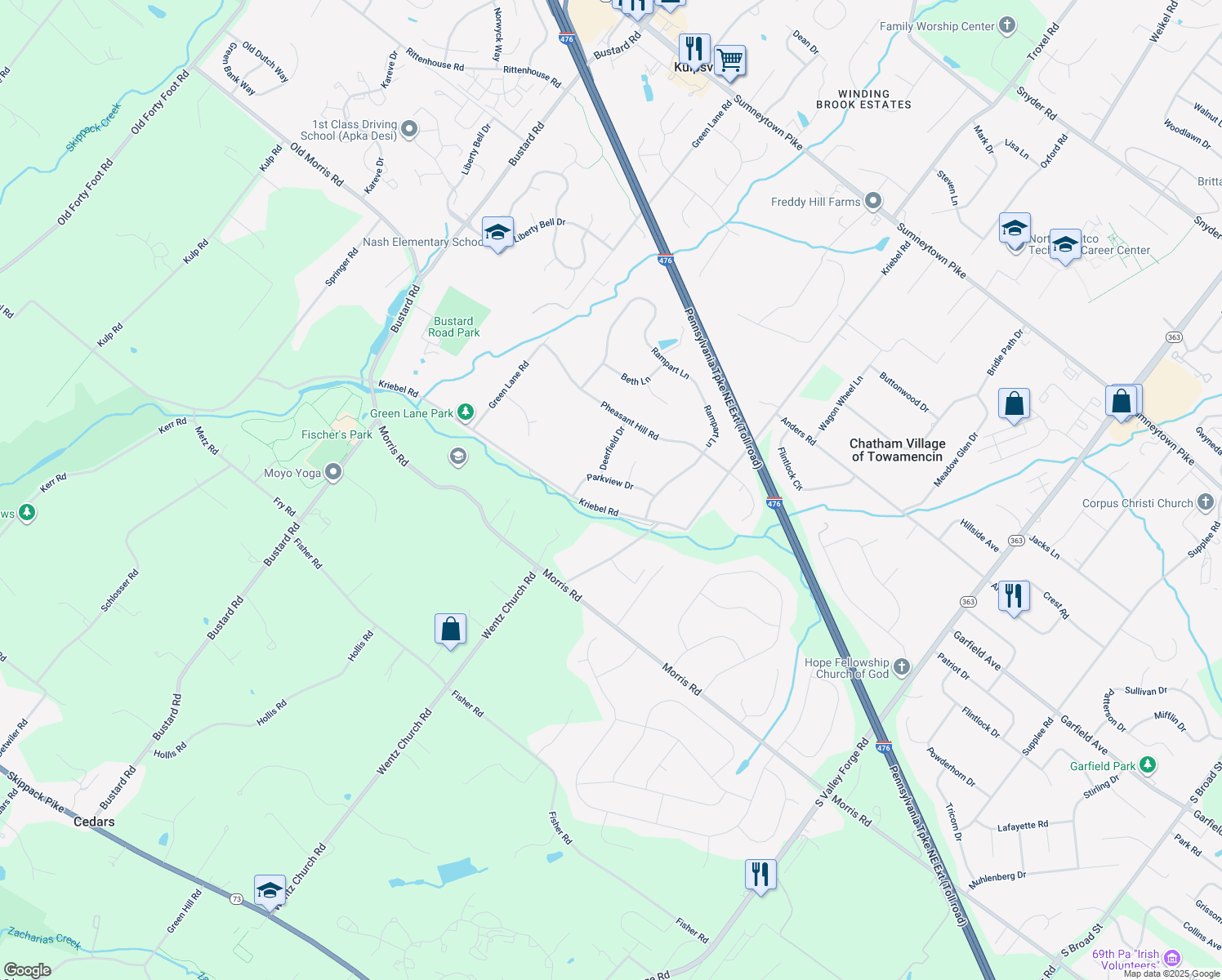 map of restaurants, bars, coffee shops, grocery stores, and more near 2060 Parkview Drive in Lansdale