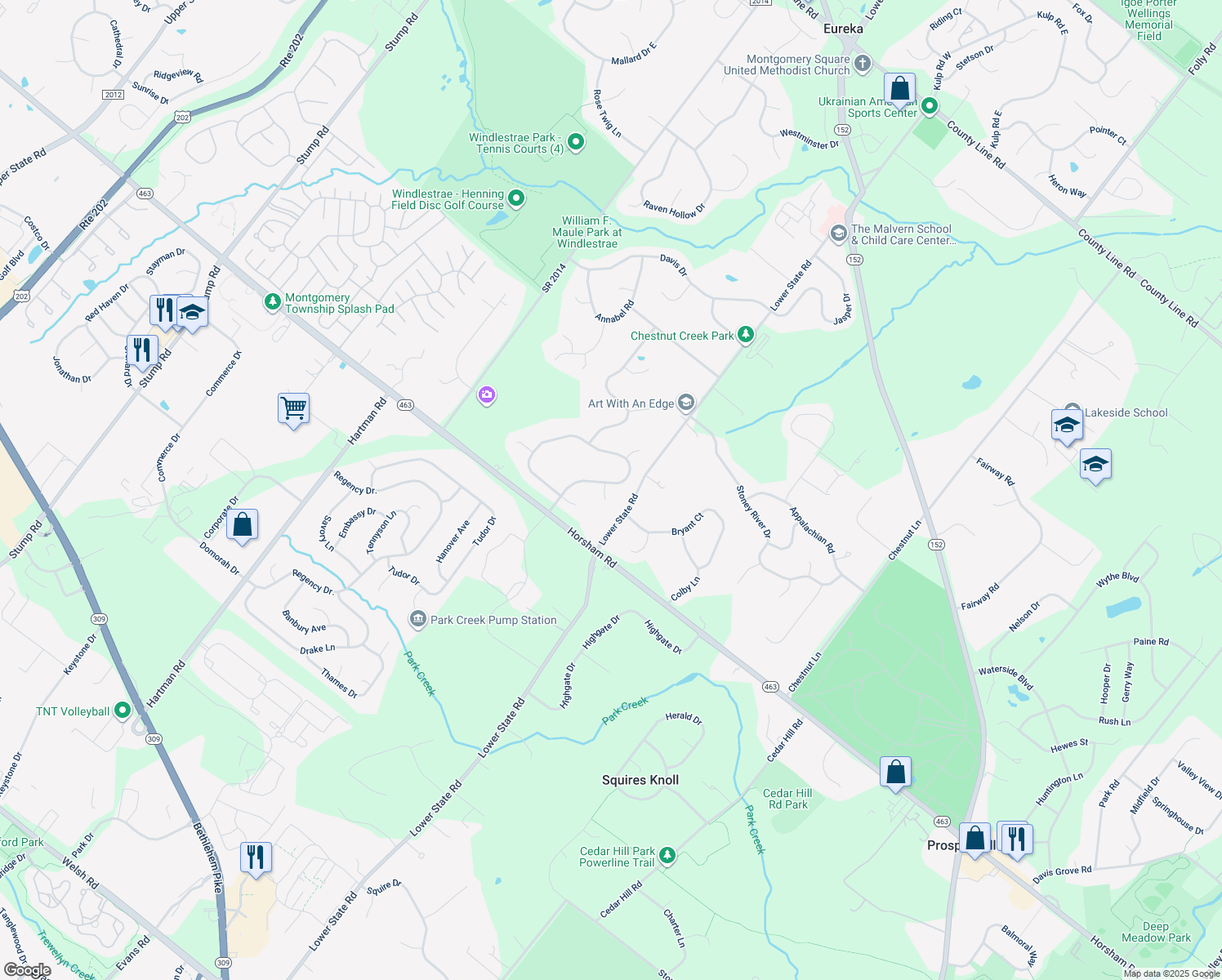 map of restaurants, bars, coffee shops, grocery stores, and more near 101 Channelhouse Road in North Wales