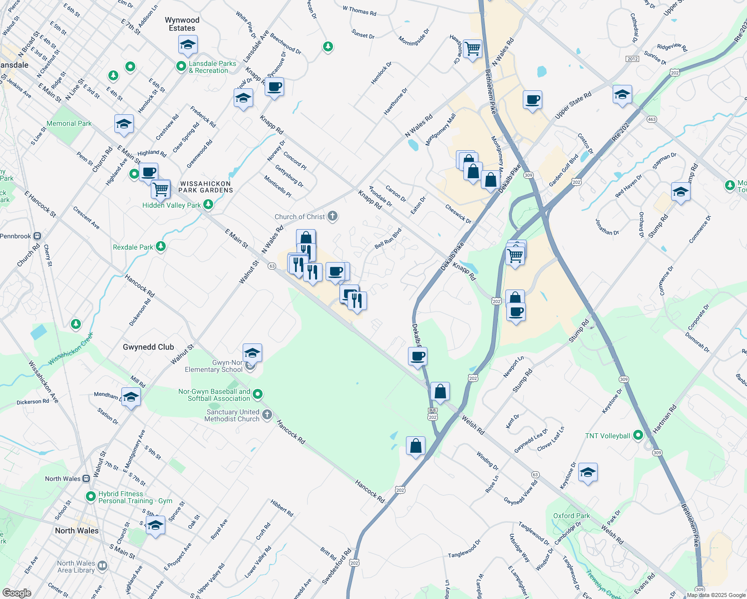 map of restaurants, bars, coffee shops, grocery stores, and more near 802 Karen's Court in North Wales