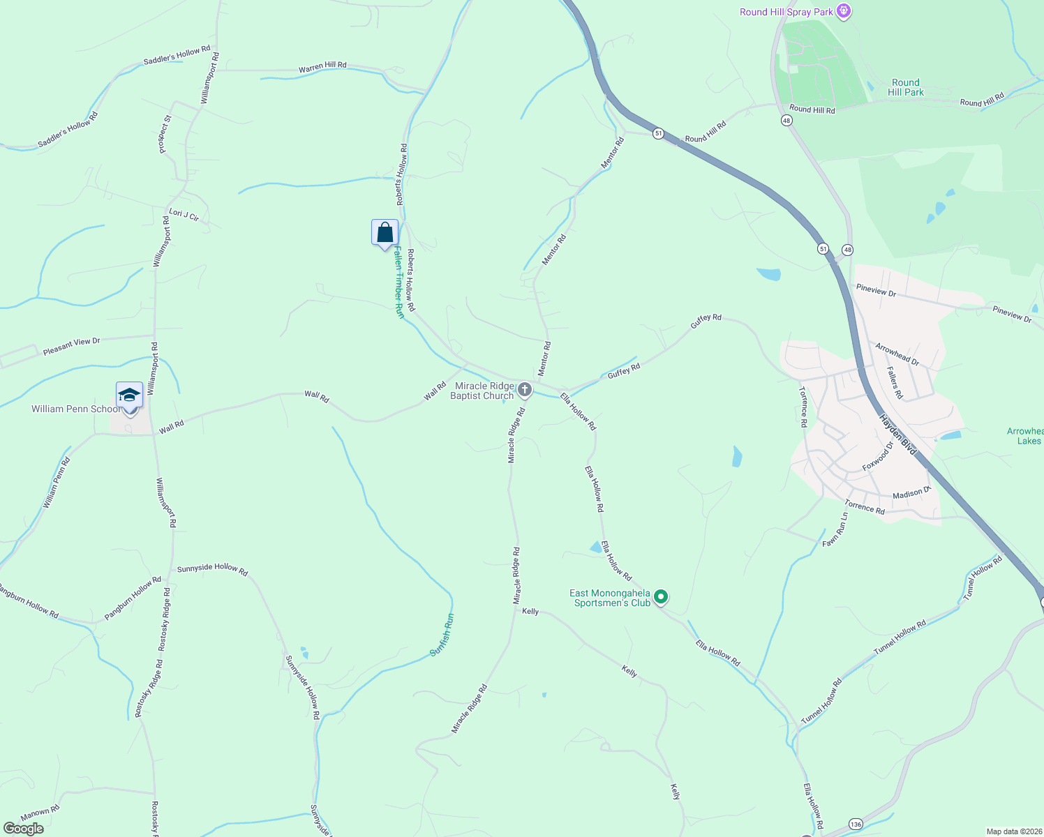 map of restaurants, bars, coffee shops, grocery stores, and more near 4115 Miracle Ridge Road in Monongahela