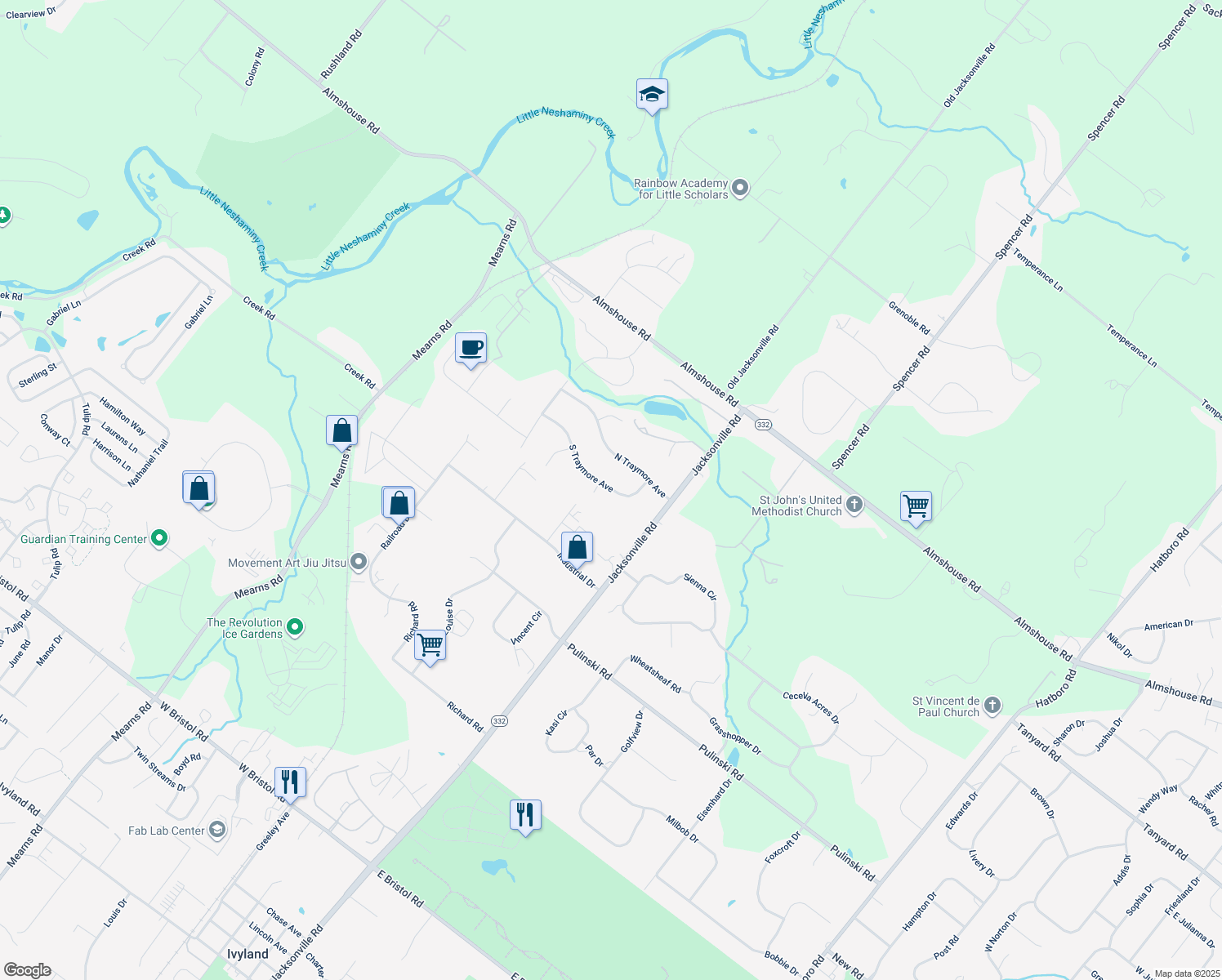 map of restaurants, bars, coffee shops, grocery stores, and more near 52 South Traymore Avenue in Warminster