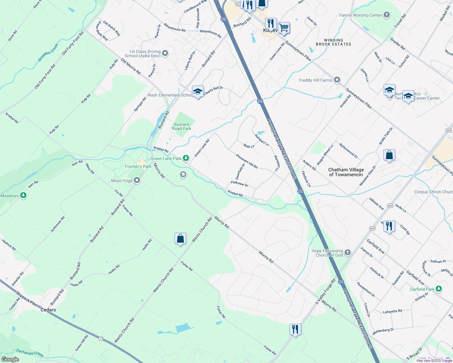 map of restaurants, bars, coffee shops, grocery stores, and more near 2079 Parkview Dr in Lansdale
